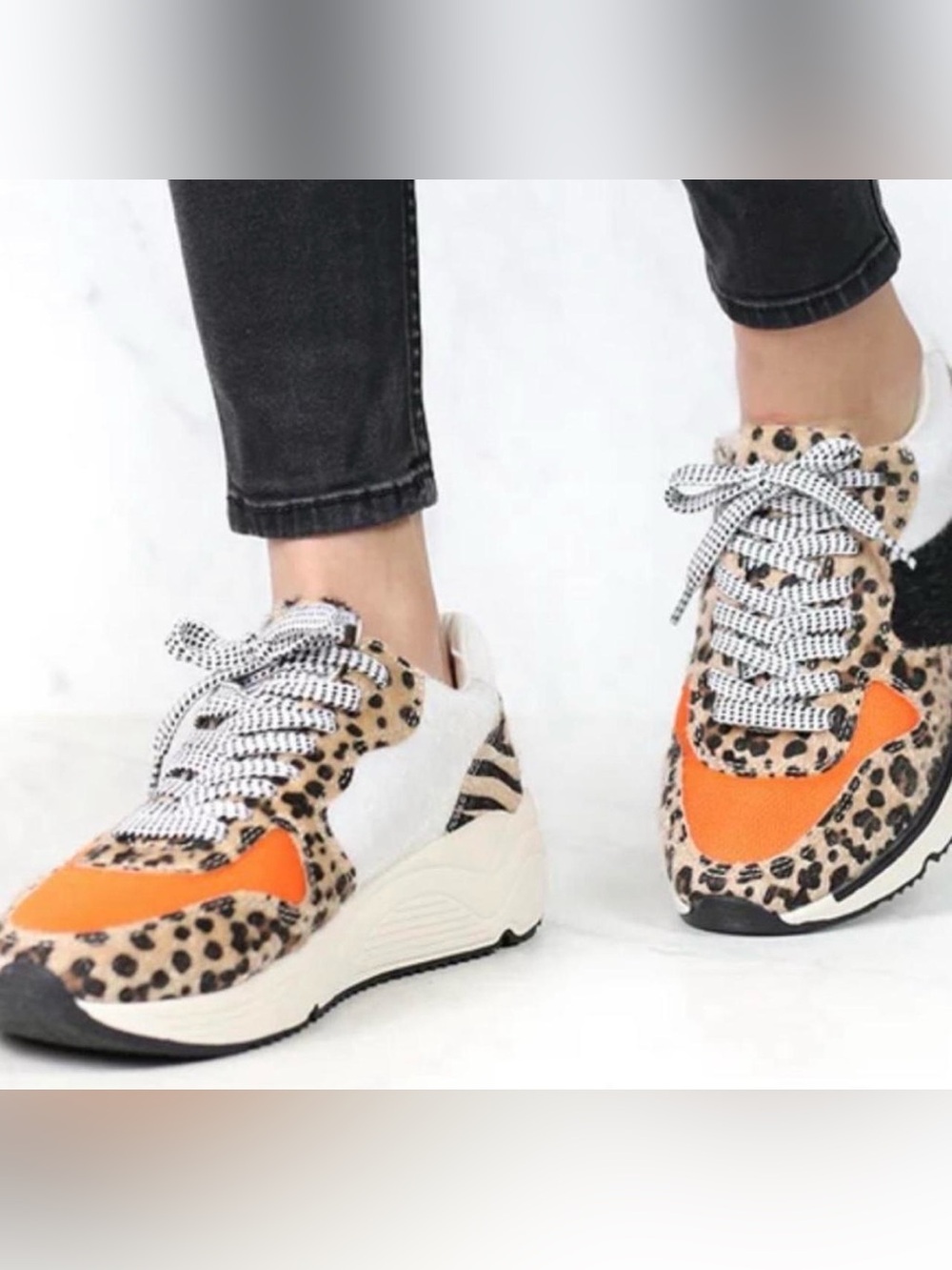 Leopard Print Sneakers Orange Accents White Raven Fuzzy Cheetah Women’s Size 9